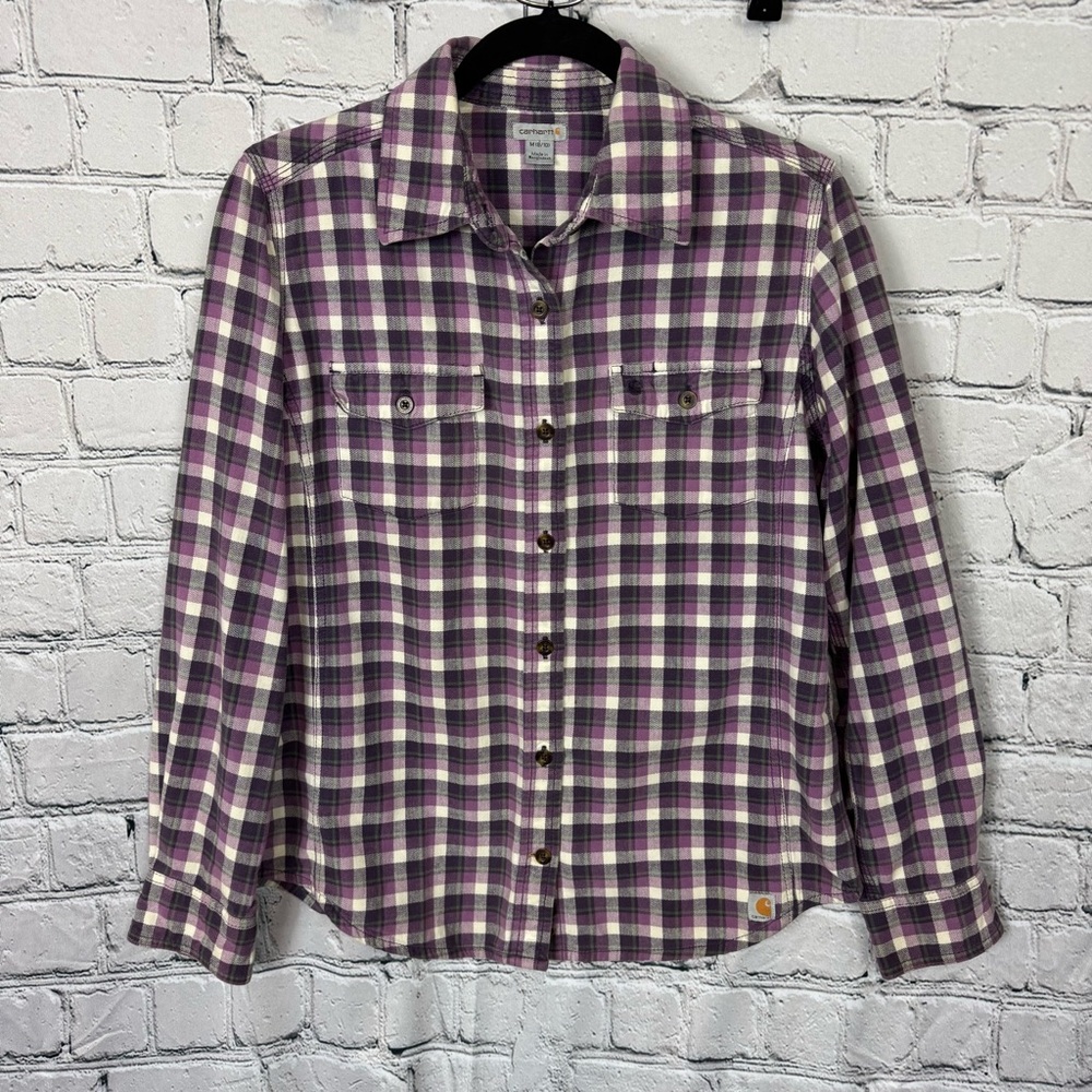 Women’s Carhartt Flannel Purple Grey Button Down Size Medium Workwear Outdoorsy - Picture 1 of 11